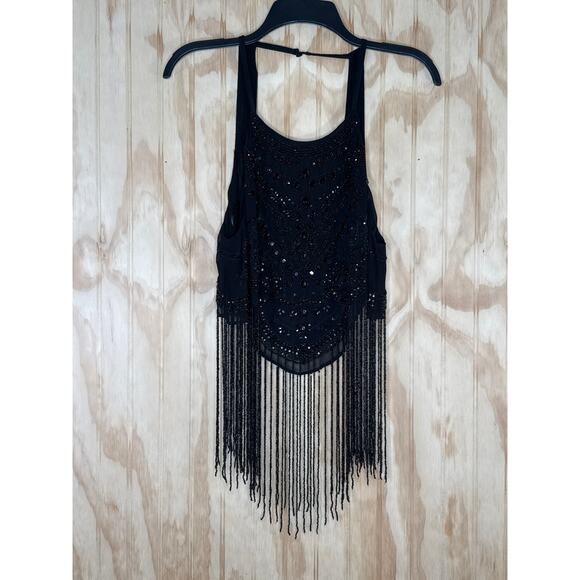 Kimchi Blue Whimsy Boho Glam Black Beaded Tassel Crop Top Open Back Large - Picture 8 of 8